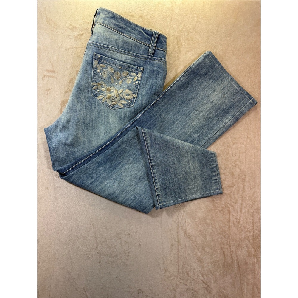 Code Bleu Gwen Straight Leg Jeans Womens 14P Blue Floral Embroidered Petite